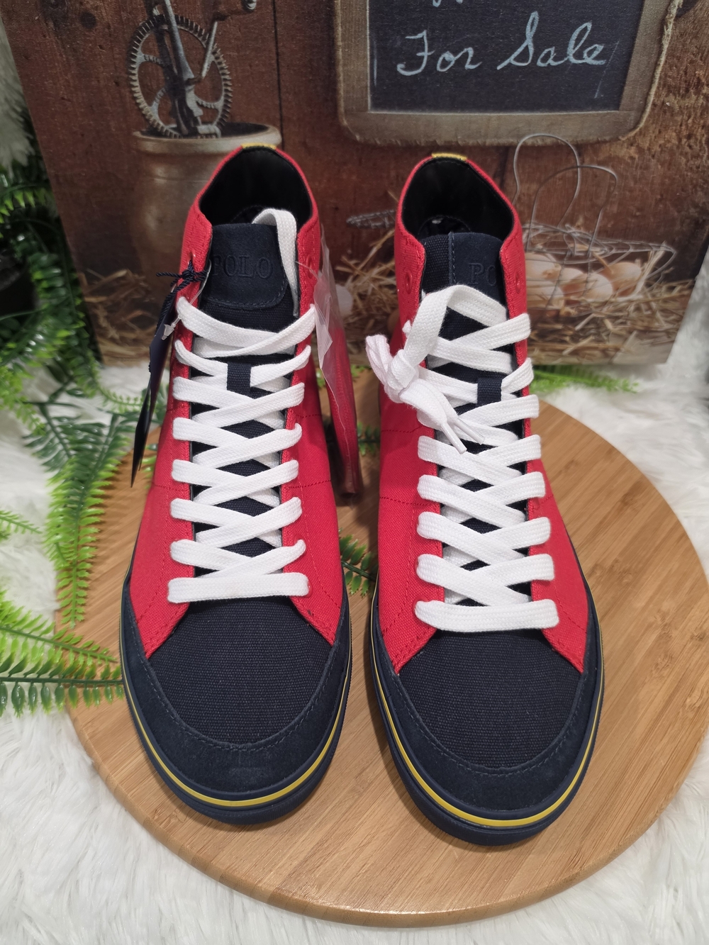 Polo by Ralph Lauren Red, Black & White High-Top Sneakers with Yellow Stripe